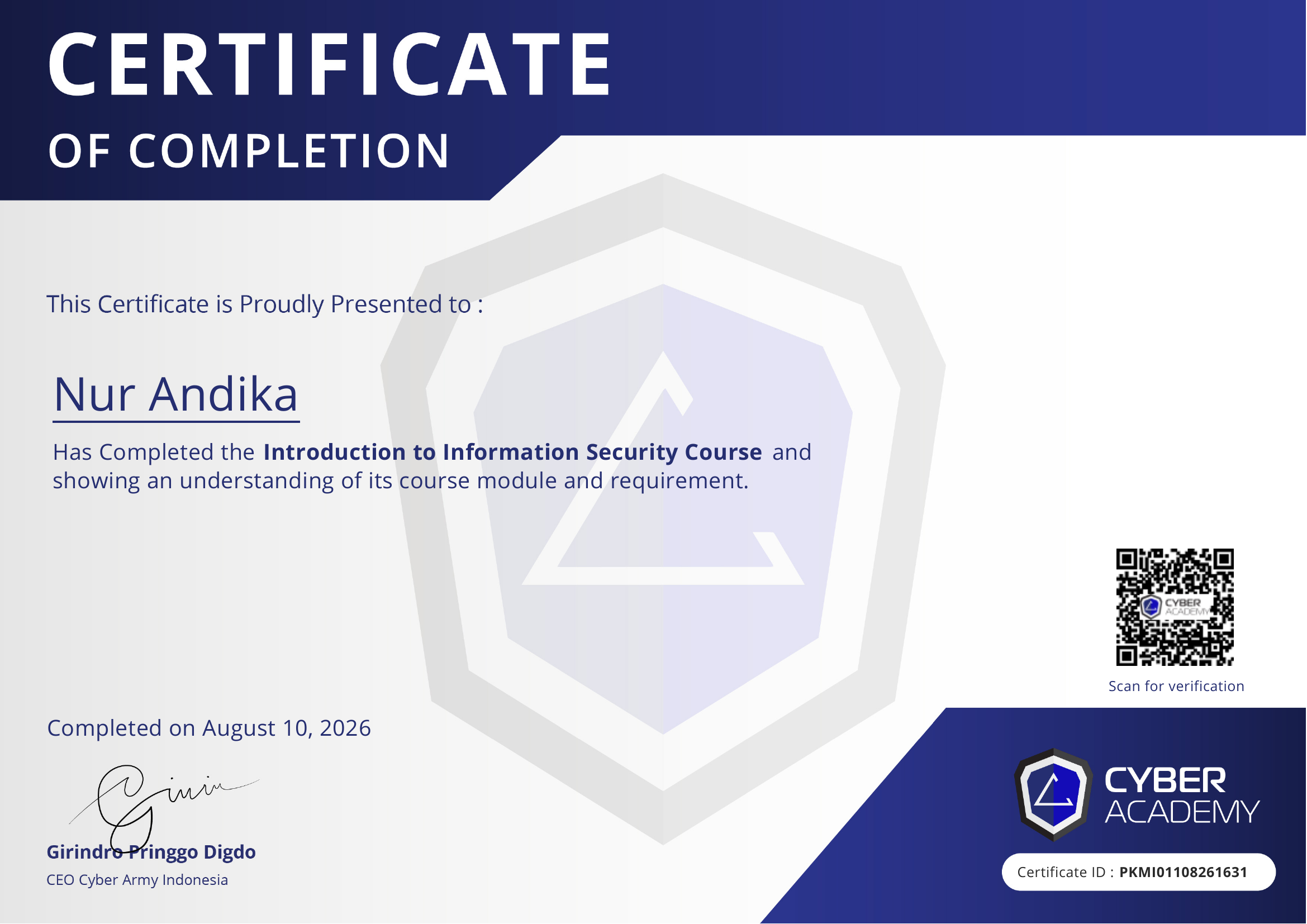 Certificate of Completion - Introduction to Information Security